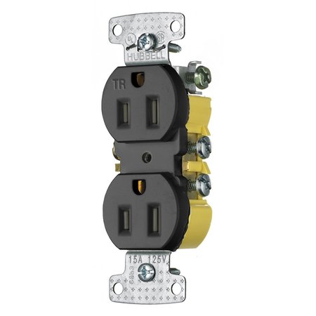 HUBBELL WIRING DEVICE-KELLEMS TradeSelect, Straight Blade Devices, Receptacles, Residential Grade, Tamper Resistant Duplex, 15A 125V, 2- Pole 3-Wire Grounding, 5-15R, Self Grounding, Black RR15SBKTR
